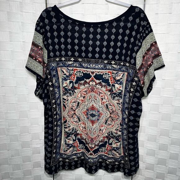 Lucky Brand Womens Persian Carpet Tee Shirt Plus Size 3X Navy Multi Color Blouse - Picture 5 of 15
